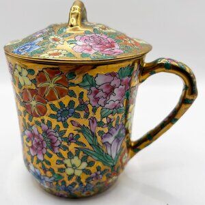 Chinese Vintage Tea Mug with Lid Hand-painted Flowers Porcelain!